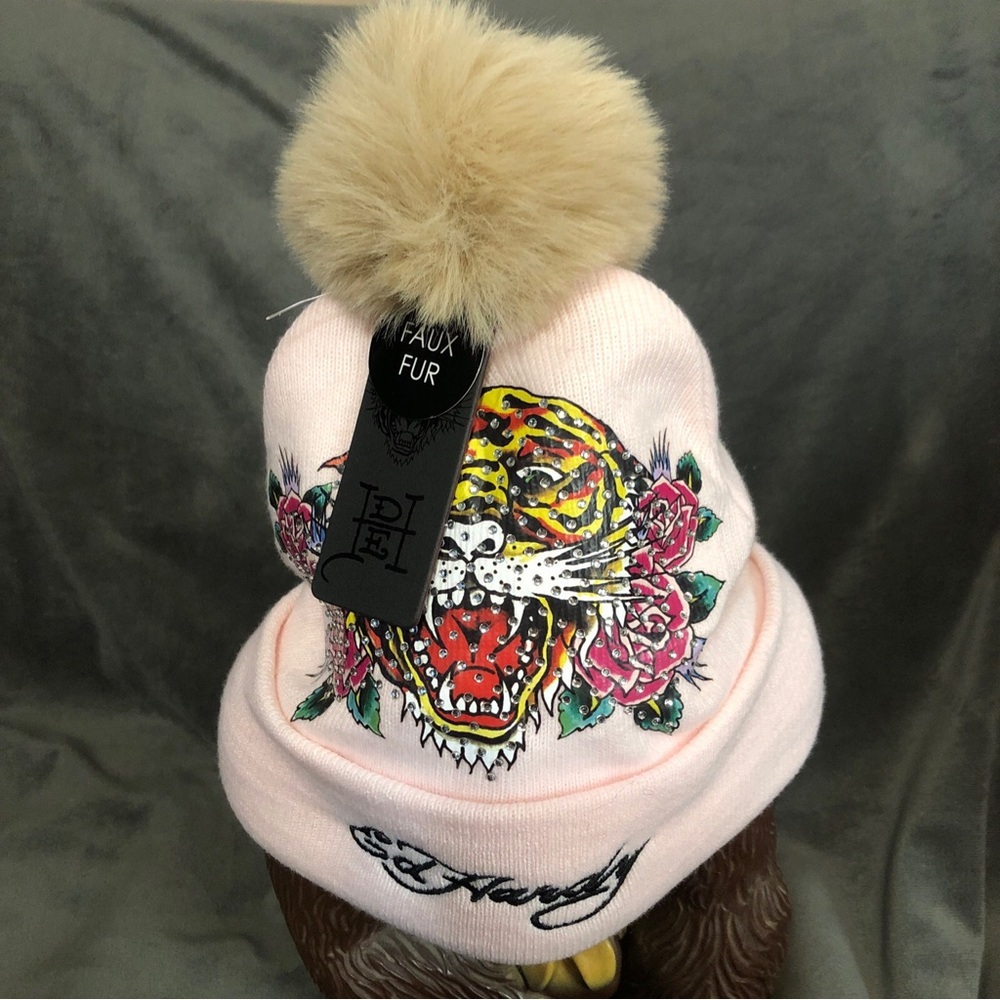 Ed Hardy Light Pink Beanie with Tan Faux Fur Pom